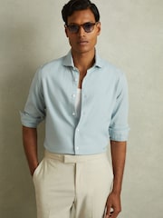 Reiss Soft Blue Cecil Textured Garment Dyed Button-Through Shirt - Image 1 of 5