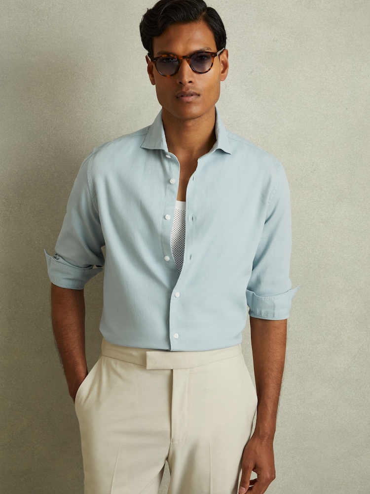 Reiss Soft Blue Cecil Textured Garment Dyed Button-Through Shirt - Image 1 of 5