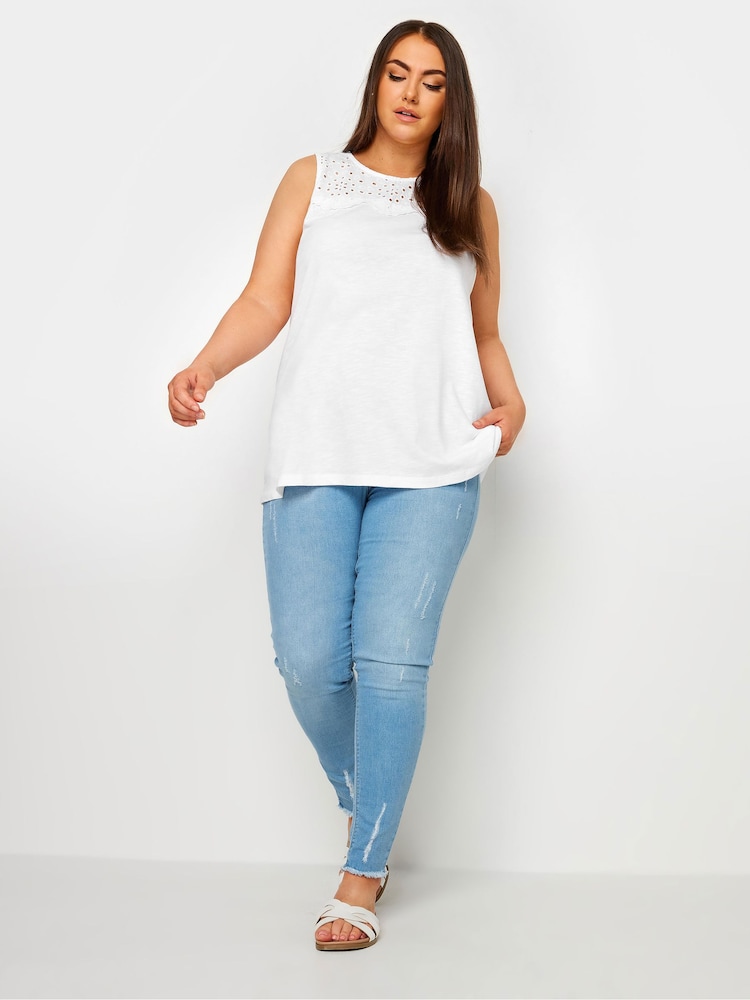 Yours Curve White Broderie Anglaise Detail Vest 100% Cotton Top - Image 2 of 5