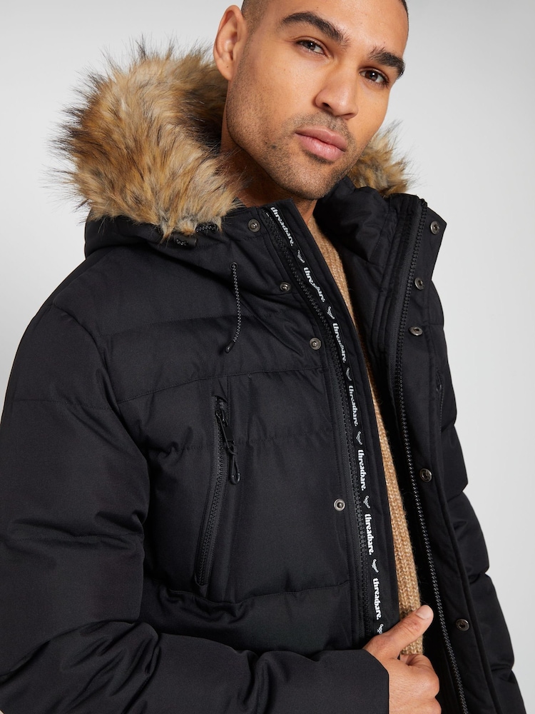Threadbare Black Showerproof Utility Padded Parka Hooded Jacket - Image 4 of 4