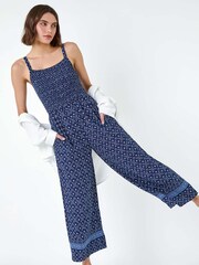 Roman Blue Batik Border Print Shirred Jumpsuit - Image 1 of 5