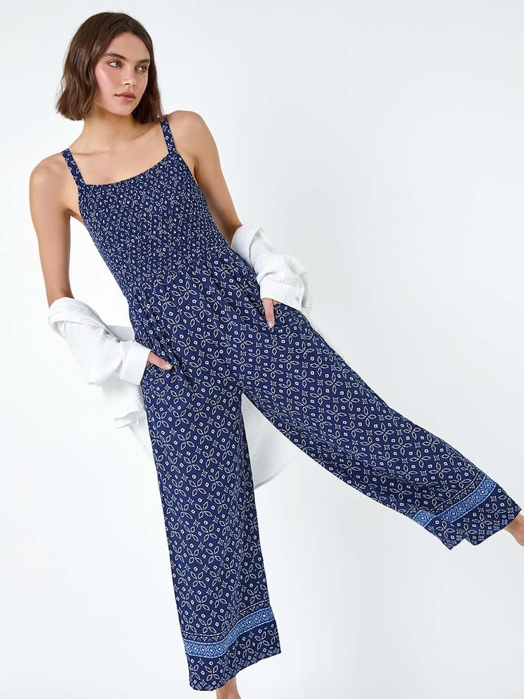 Roman Blue Batik Border Print Shirred Jumpsuit - Image 1 of 5