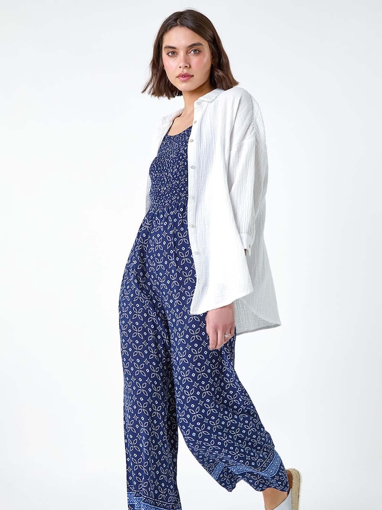 Roman Blue Batik Border Print Shirred Jumpsuit - Image 2 of 5