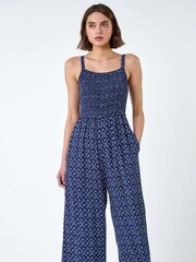 Roman Blue Batik Border Print Shirred Jumpsuit - Image 4 of 5