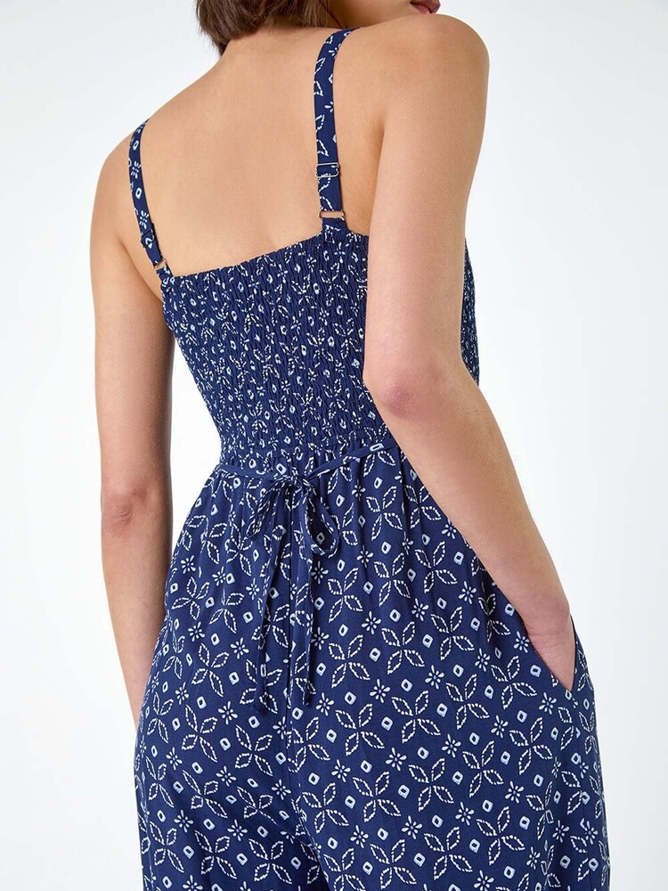 Roman Blue Batik Border Print Shirred Jumpsuit - Image 5 of 5