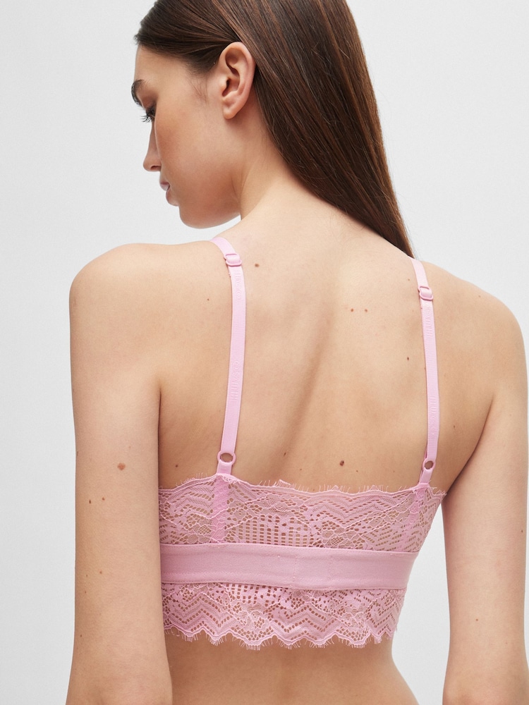 HUGO Pink Padded Triangle Bra in Geometric Lace With Logo Label - Image 2 of 5 HUGO Pink Padded Triangle Bra in Geometric Lace With Logo Label - Image 2 of 5