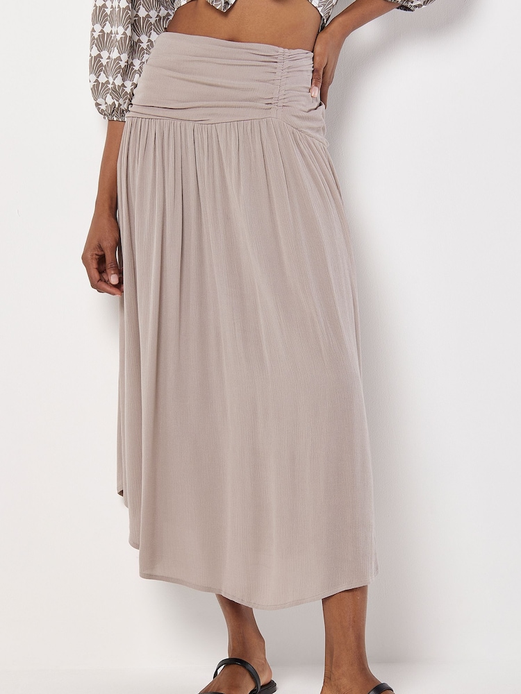 Apricot Brown Wide Band Curved Hem Midi Skirt - Image 1 of 4