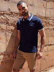 Threadbare Navy Herringbone Tipping Cotton Pique Polo Shirt - Image 1 of 5