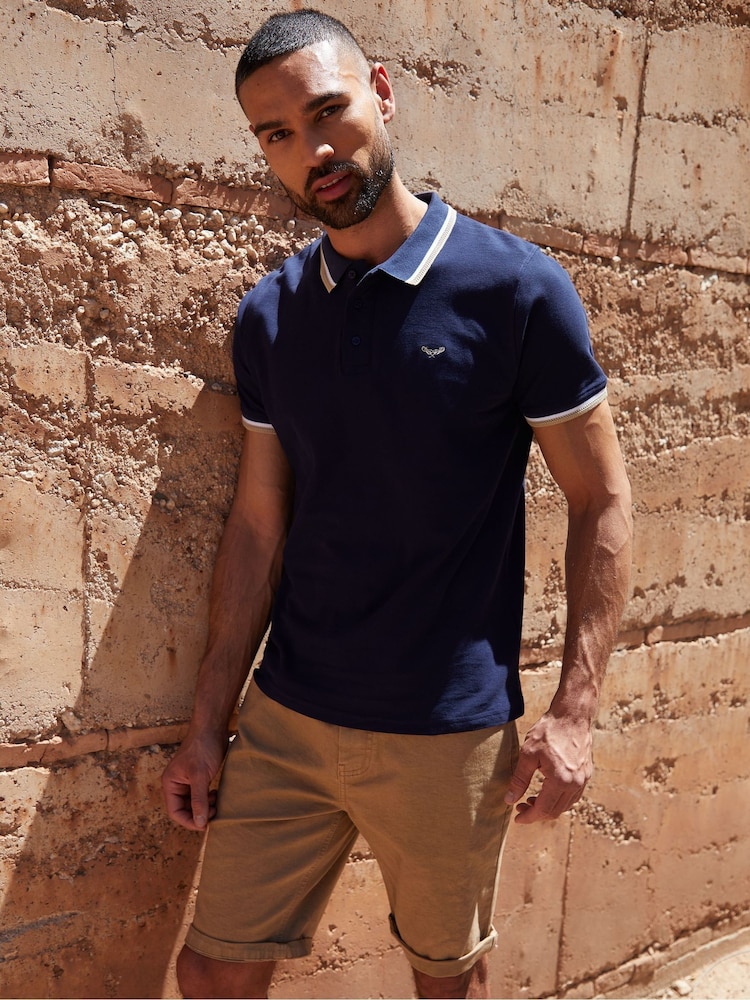 Threadbare Navy Herringbone Tipping Cotton Pique Polo Shirt - Image 1 of 5