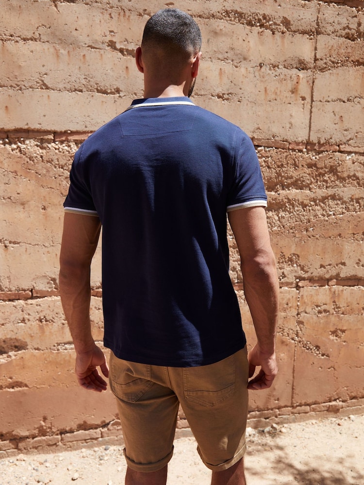 Threadbare Navy Herringbone Tipping Cotton Pique Polo Shirt - Image 3 of 5