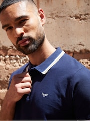 Threadbare Navy Herringbone Tipping Cotton Pique Polo Shirt - Image 5 of 5