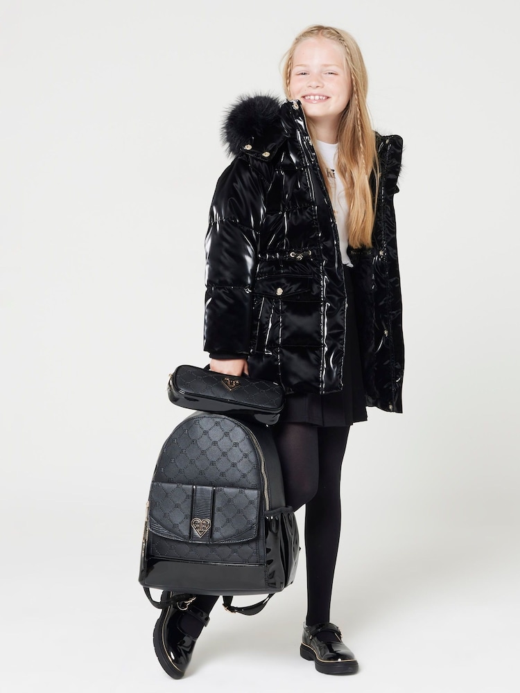River Island Black Girls Glam Padded High Shine Coat - Image 1 of 6