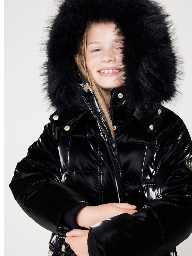River Island Black Girls Glam Padded High Shine Coat - Image 2 of 6