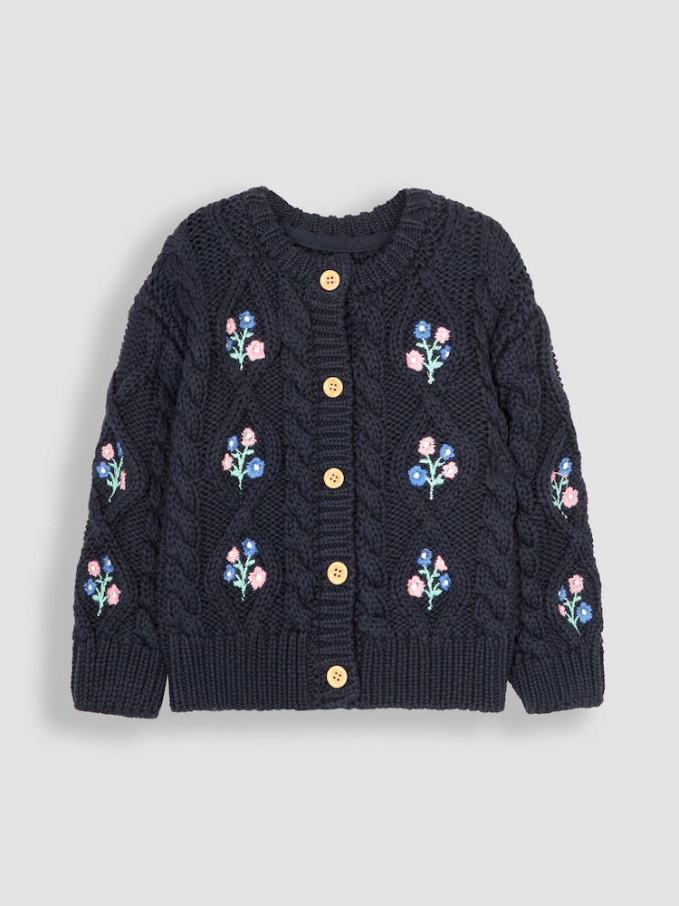 JoJo Maman Bébé Navy Blue Embroidered Cosy Cable Cardigan - Image 1 of 3