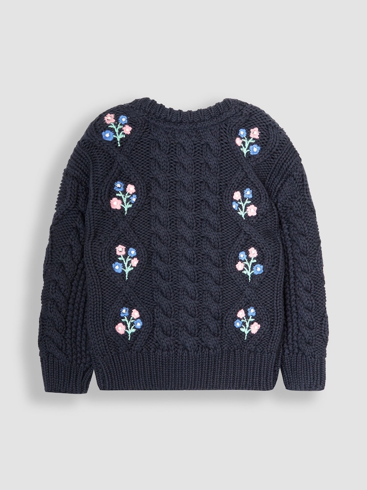 JoJo Maman Bébé Navy Blue Embroidered Cosy Cable Cardigan - Image 2 of 3