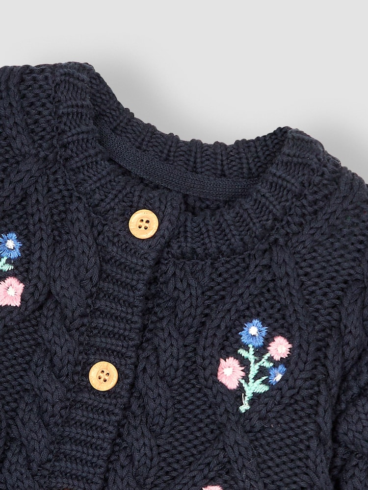 JoJo Maman Bébé Navy Blue Embroidered Cosy Cable Cardigan - Image 3 of 3