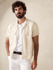 Beige & White - Banana Republic 100% Linen Lightweight Striped Resort Shirt - Image 1 of 1