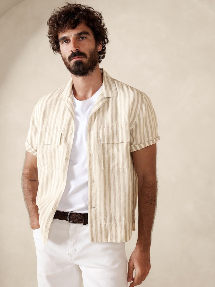 Beige & White - Banana Republic 100% Linen Lightweight Striped Resort Shirt - Image 1 of 1