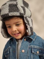 Check Grey/Ecru Borg Trapper Hat (3mths-10yrs) - Image 2 of 4
