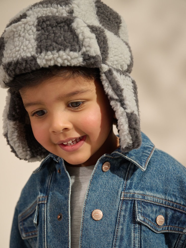 Check Grey/Ecru Borg Trapper Hat (3mths-10yrs) - Image 2 of 4