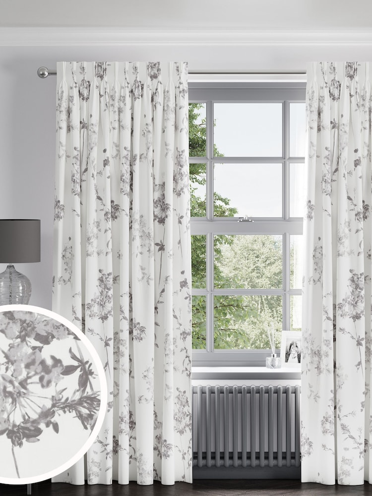 Grey Floral Made to Measure 100% Cotton Curtains - Image 1 of 9
