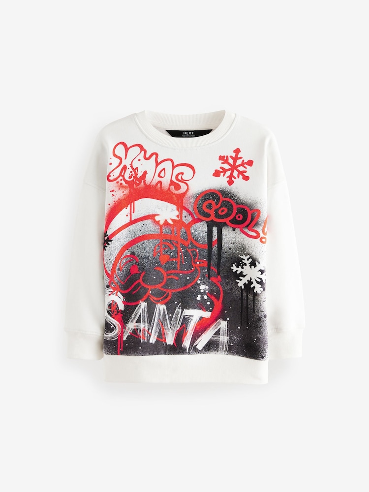 White Graffiti Christmas Graphic Crew Neck 100% Cotton Sweatshirt (3-16yrs) - Image 1 of 4