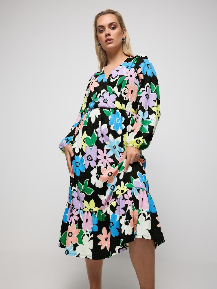 Yours Curve Multi LIMITED COLLECTION Floral Print Textured Wrap Dress - Image 1 of 6