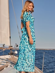 Sosandar Blue Print Hoop Detail Ruffle Hem Maxi Dress - Image 3 of 5