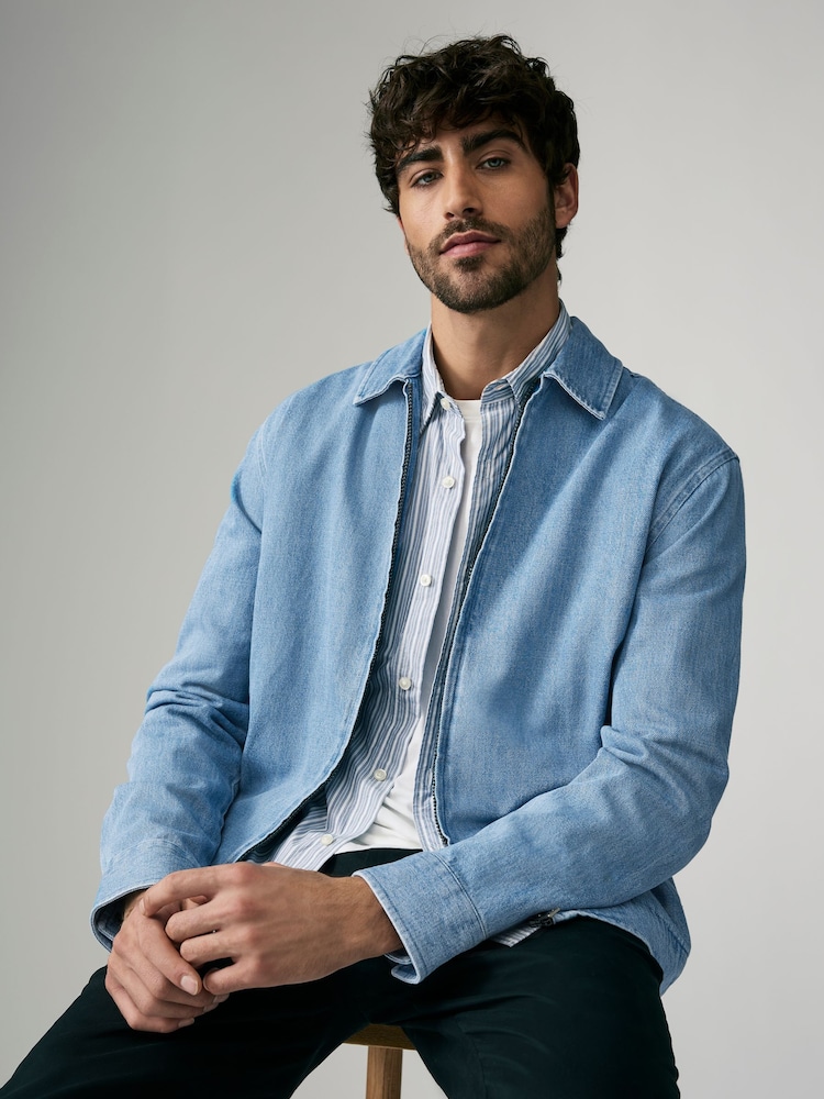 Hellblauer Denim - Shacket aus 100 % Baumwolle mit Reißverschluss - Bild 1 von 10