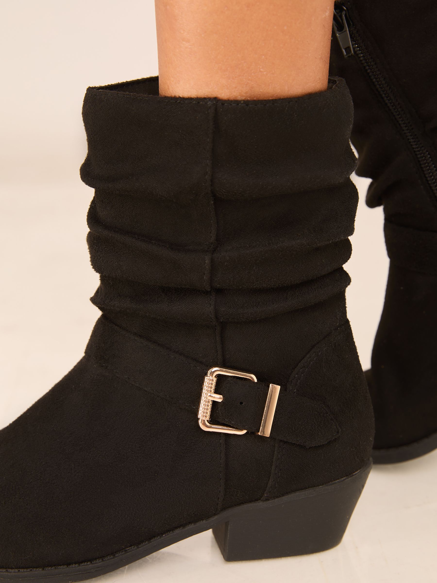 Buy Lipsy Black Regular Fit Flat Faux Suede Buckle ruched Ankle Boot from the Next UK online shop