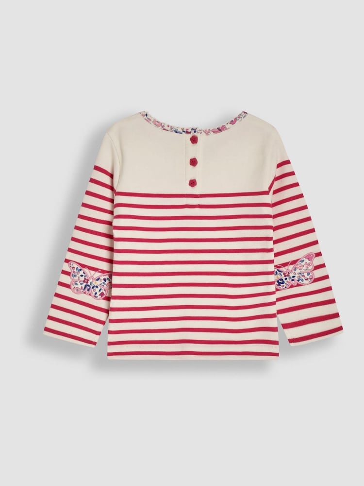 Raspberry Pink Butterfly - JoJo Maman Bébé Cotton Long Sleeve Pocket Breton Top - Изображение 2 из 3