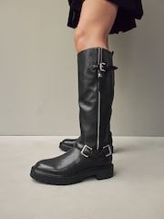 Black Leather Forever Comfort® Knee High Buckled Biker Boots - Image 1 of 10