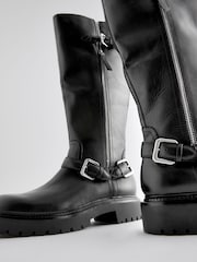 Black Leather Forever Comfort® Knee High Buckled Biker Boots - Image 10 of 10