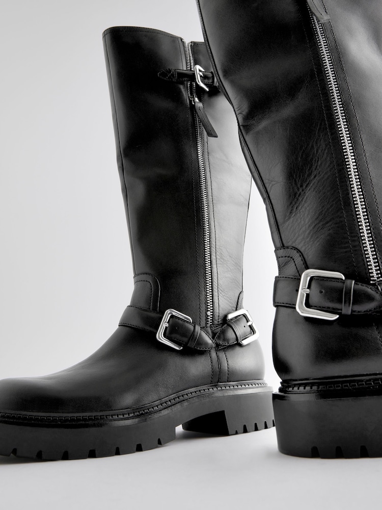 Black Leather Forever Comfort® Knee High Buckled Biker Boots - Image 10 of 10