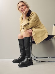 Black Leather Forever Comfort® Knee High Buckled Biker Boots - Image 2 of 10