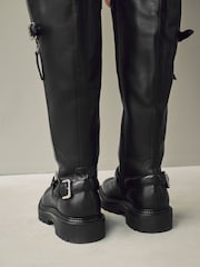 Black Leather Forever Comfort® Knee High Buckled Biker Boots - Image 3 of 10