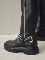 Black Leather Forever Comfort® Knee High Buckled Biker Boots - Image 4 of 10