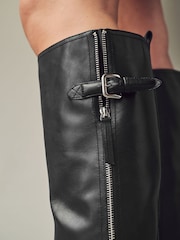 Black Leather Forever Comfort® Knee High Buckled Biker Boots - Image 5 of 10