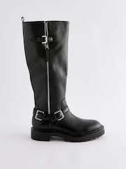 Black Leather Forever Comfort® Knee High Buckled Biker Boots - Image 7 of 10