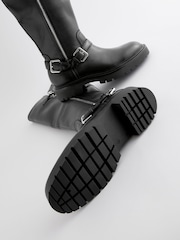 Black Leather Forever Comfort® Knee High Buckled Biker Boots - Image 9 of 10