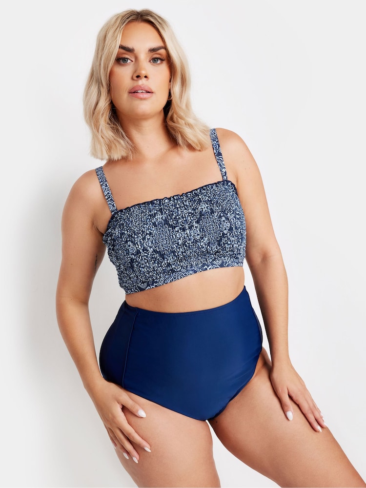 Yours Curve Blue Boho Print Shirred Bikini Top - Image 1 of 5
