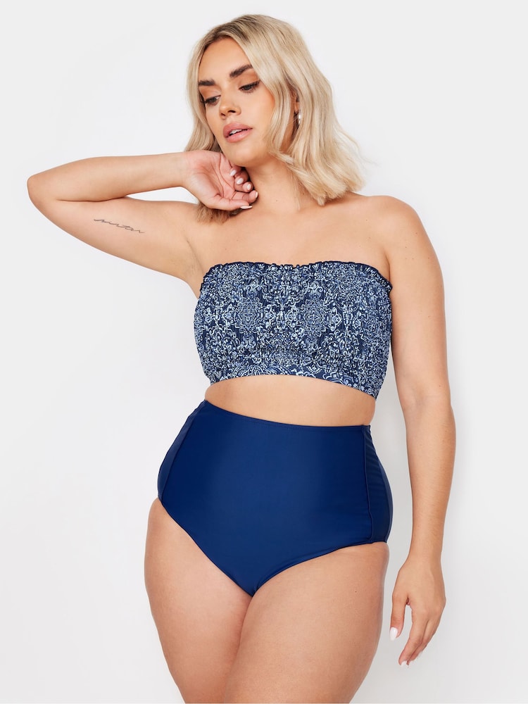 Yours Curve Blue Boho Print Shirred Bikini Top - Image 2 of 5