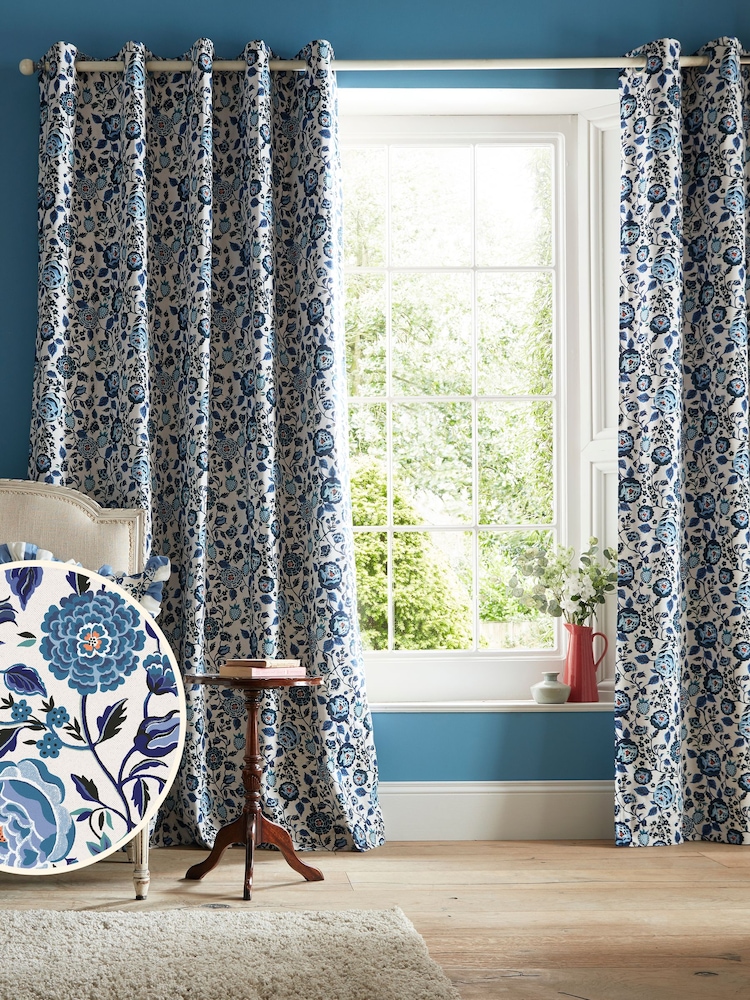 Cath Kidston Navy Strawberry Garden Blackout Eyelet Curtains - Image 1 of 3