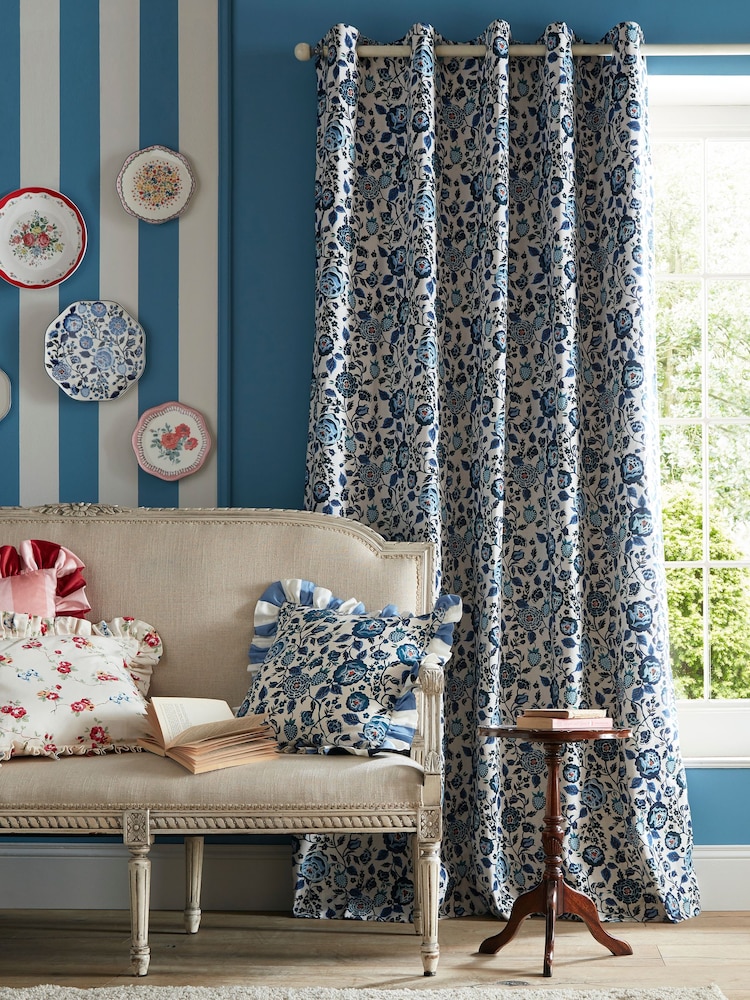 Cath Kidston Navy Strawberry Garden Blackout Eyelet Curtains - Image 2 of 3