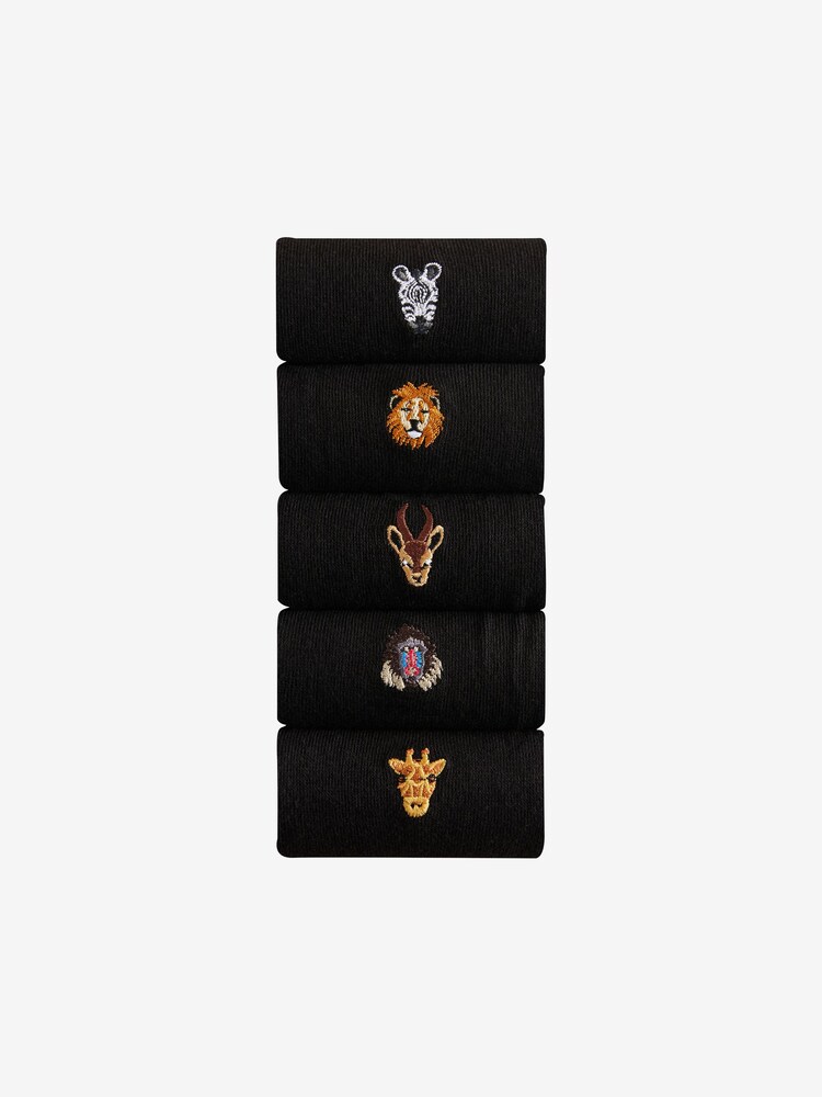 Schwarze Safaritiere - Socken mit origineller Stickerei, 5er-Pack - Bild 1 von 8