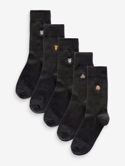 Black Safari Animals Fun Embroidered Socks 5 Pack - Image 1 of 8
