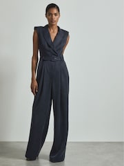 Reiss Navy Anabella Cupro Belted Tux Jumpsuit - Image 1 of 6