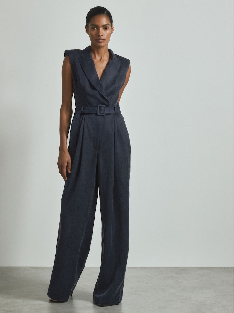 Reiss Navy Anabella Cupro Belted Tux Jumpsuit - Image 1 of 6
