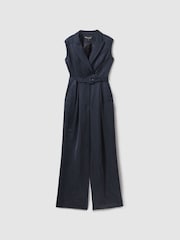Reiss Navy Anabella Cupro Belted Tux Jumpsuit - Image 2 of 6