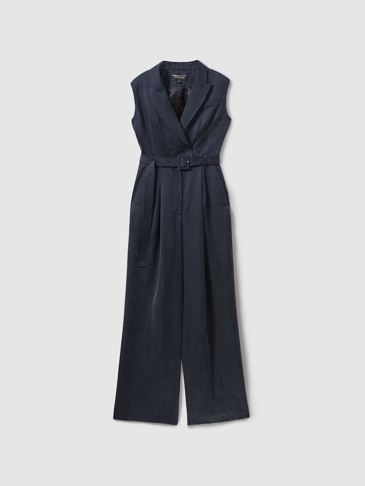 Reiss Navy Anabella Cupro Belted Tux Jumpsuit - Image 2 of 6